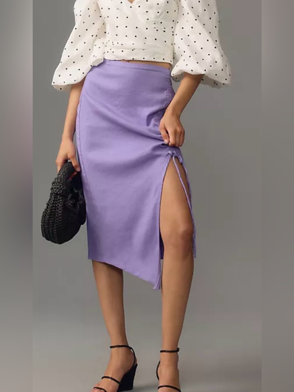 By Anthropologie Ruched Side-Slit Linen Midi Skirt Purple Sz Small